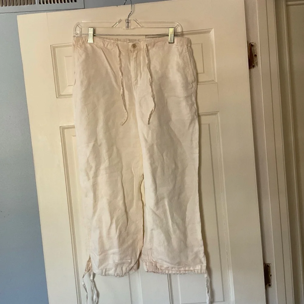Banana Republic Women's Linen Pants Size 8 Ecru Tie Cuff Beachy Coastal Nautical